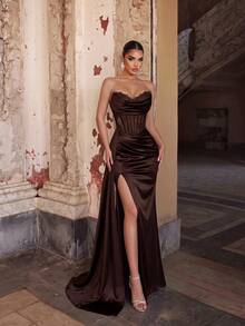 ADYCE Elegant Strapless Lace Patchwork Boning High Waist Lace-Up Back High Slit Floor Length Evening Gown, Prom Formal Dinner Homecoming Party Wedding Dress - Brown - View 1