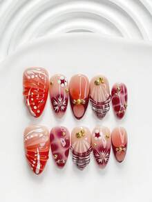 10pcs Autumn Vintage Red Handmade Press-On Nails, Polygel Nail Art Set, Shell Red Nail Polish, Traditional Chinese Shell Style, 3 Sizes Available, Square/Short Square/Almond Shape, Suitable For Party, Dancing, Daily Wear (Handmade Details May Vary) - Multicolor - View 19