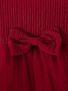 Baby Girls Fall Dress, Valentine's Day Solid Color Jacquard Square Neck Gigot Sleeve Top With Mesh Princess Skirt And Bow Decor - Burgundy - View 4