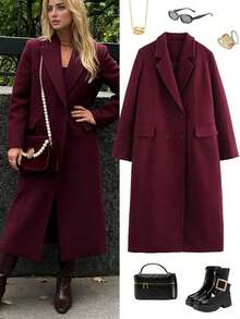 Winter Double-Breasted Wool Long Coat, Blazer Lapel, Side Pockets, Knee-Length, Loose Fit, Commuter Wool Jacket - Burgundy - View 8