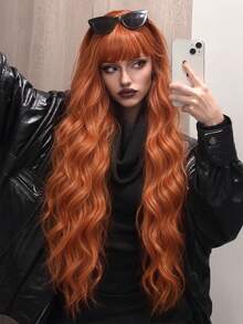 30 Inch Long Wavy Synthetic Wig For Women, Copper Orange With Full Bangs Or Silver White With Middle Part Curtain Bangs, Heat-Resistant Natural Hair Texture, Suitable For Halloween Costumes, Cosplay, Masquerade, Theme Parties, Carnivals And Holiday Styling - Multicolor - View 1