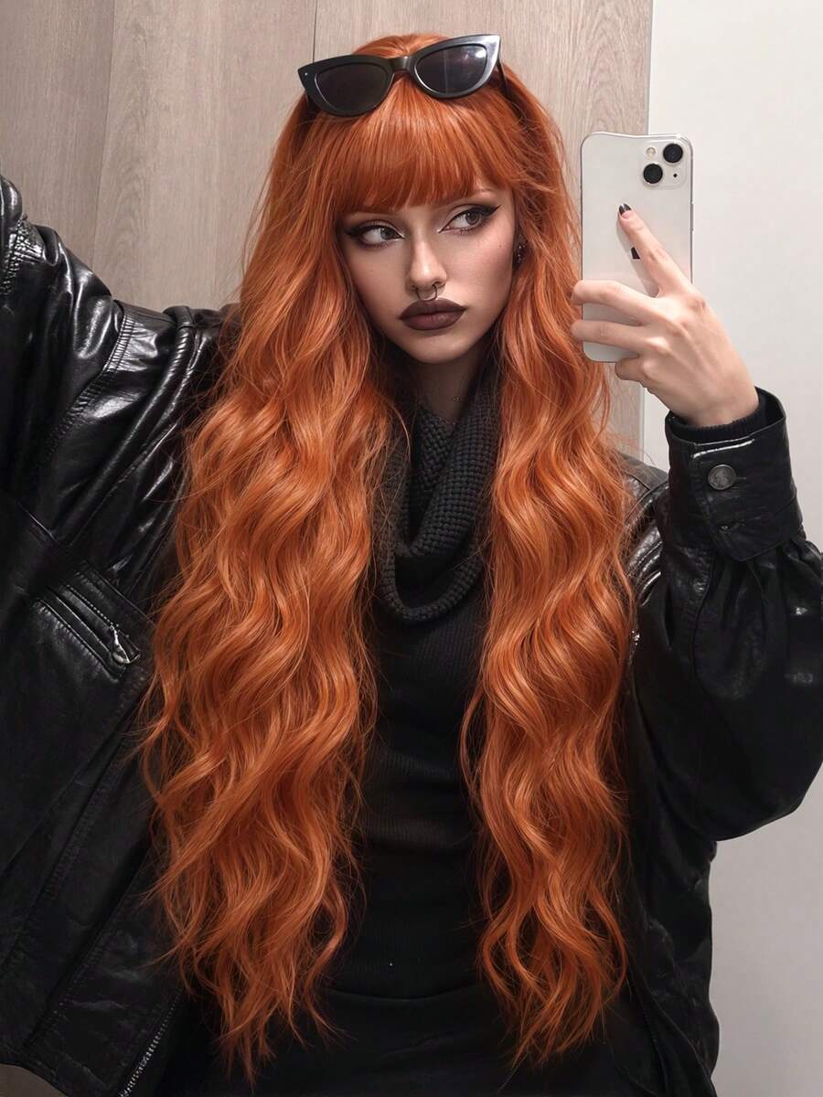 30 Inch Long Wavy Synthetic Wig For Women, Copper Orange With Full Bangs Or Silver White With Middle Part Curtain Bangs, Heat-Resistant Natural Hair Texture, Suitable For Halloween Costumes, Cosplay, Masquerade, Theme Parties, Carnivals And Holiday Styling - Multicolor - View 1