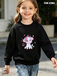 Kids Black Hoodie: Cute Unicorn & Pink Note Print, Round Neck Long Sleeve, Soft Breathable Casual Style For Spring Autumn Daily Wear - Black - View 4