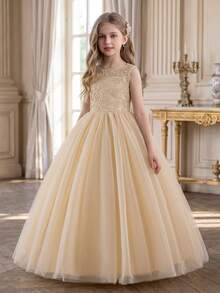 Elegante vestido de tul color champán para niña de las flores con espalda abierta, bordado floral de encaje, vestido largo de malla, vestido para niñas, vestido de princesa, vestido de noche, vestido de graduación, fiesta, adulto, fiesta de cumpleaños, niña de las flores de boda, disfraz de concurso - Champán - Ver 5