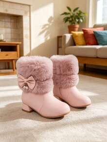Girls' Pink Sweet Princess Playful Party Style Anti-Freeze Warm Easy On/Off Pearl Bow Versatile Low Heel Casual Kids Boots - Pink - View 3