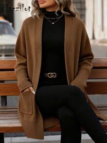 Áo cardigan len dệt kim dáng vừa cho mùa thu đông size lớn, vạt mở, có túi, tay dài, phom thoải mái, áo khoác ngoài mặc hằng ngày đi làm cho quý cô dáng đầy đặn - màu nâu - Xem 2