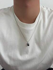 1pc Minimalist Men's Black Square Stone Pendant Necklace, Box Chain Versatile Clavicle Chain, Daily & Party Wear Accessory For Men - White K - View 2
