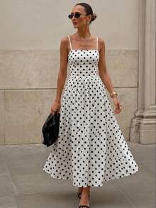 Masalia Women's Polka Dot Strapless Dress - Square Neck Waist Design, Flowing A-Line Skirt, Suitable For Weddings, Parties, Dates And Vacations, White Polka Dot Dress, Performance Outfit, Women's Work Attire, Formal Occasion Dress, Vacation Dress Elegant Summer - Black and White - View 10
