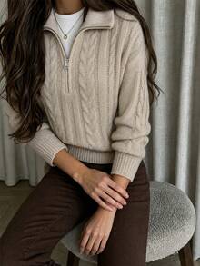 Autumn/Winter New Vintage Oversized Collar Double-Ended Zipper Twisted Knit Sweater, Loose Drop Shoulder Casual Pullover, Airport Commute Pullover - Khaki - View 1