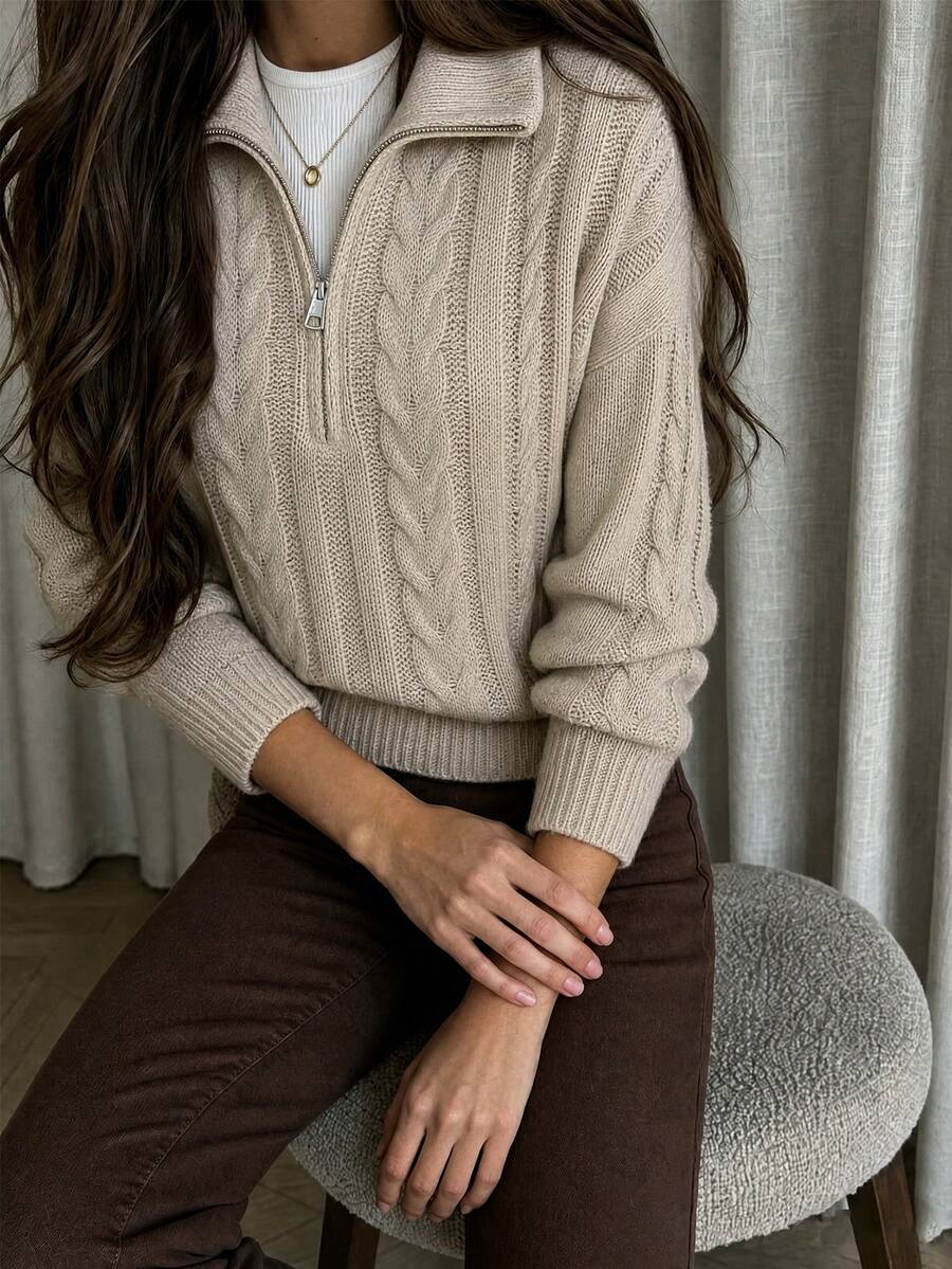 Autumn/Winter New Vintage Oversized Collar Double-Ended Zipper Twisted Knit Sweater, Loose Drop Shoulder Casual Pullover, Airport Commute Pullover - Khaki - View 1