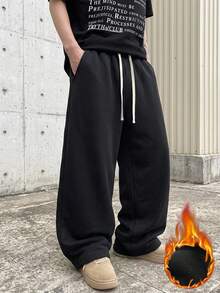 Men's Black Fleece Lined Wide Leg Sweatpants, Loose Drape With Drawstring, Elastic Waistband, Solid Color Street Casual Style Versatile, Autumn/Winter Essential Fashion Sports Long Pants - Black - View 6