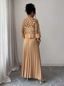 Elegant Women's 2 Pieces Set: Round Neck Dress With Scalloped Edge Mesh Cardigan, Pleated Maxi Skirt, Suitable For Formal Occasions - Ginger - View 2