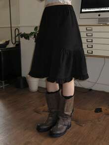 Japanese Style Elastic Waist Asymmetrical Ruffle A-Line Skirt - Black - View 4