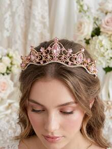 1pc Pink Rhinestone Princess Crown Vintage Crystal Tiara For Women Birthday Prom Wedding Fairycore Hair Accessories - Pink - View 3