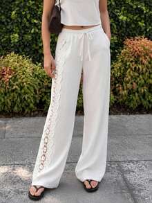Women's Loose Casual Long Pants With Pockets, Lace Patchwork Solid Color, Elegant Commute Fashion Daily - White - View 2
