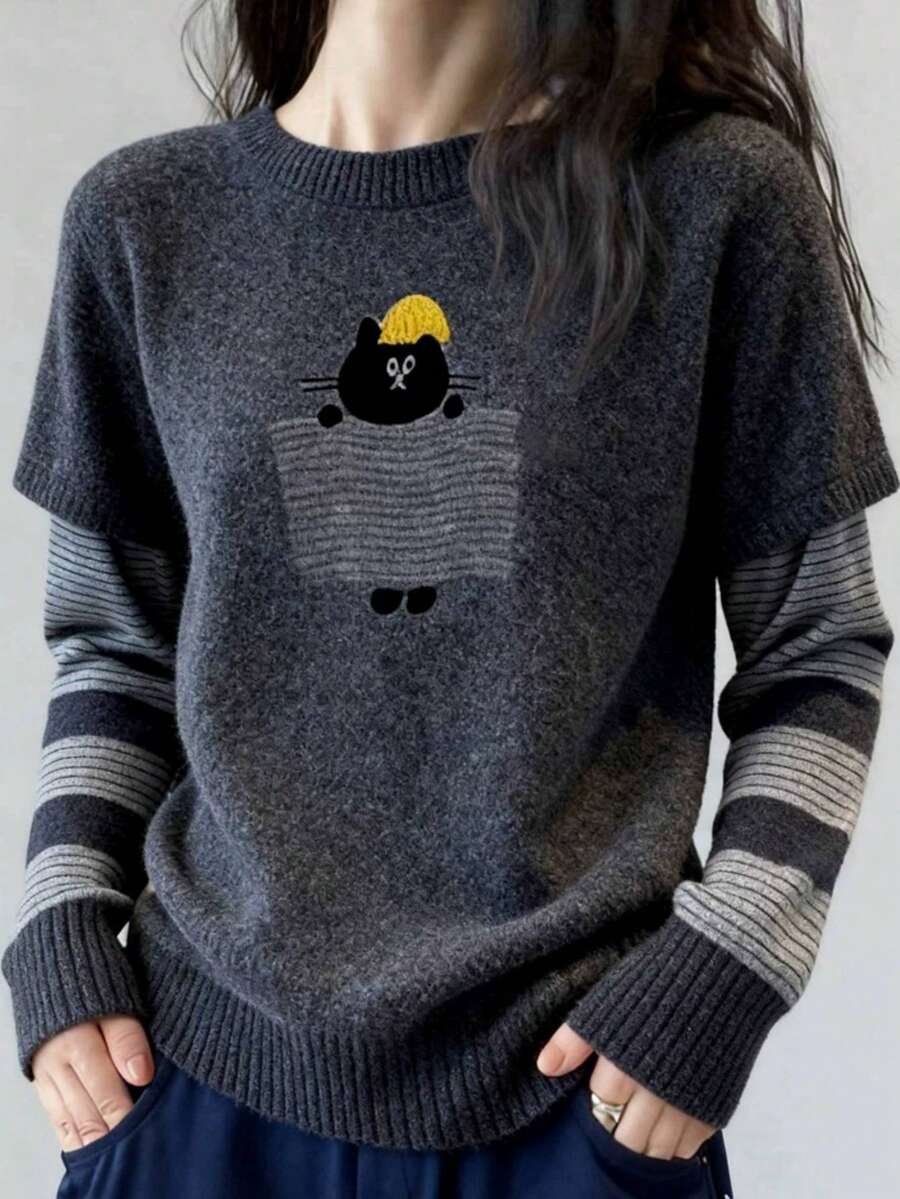 1 buah Sweater Rajut Wanita Motif Kartun Garis-Garis Patchwork 2 in 1, Atasan Rajut Pullover Lengan Panjang untuk Musim Gugur/Dingin - Dark Grey - View 1