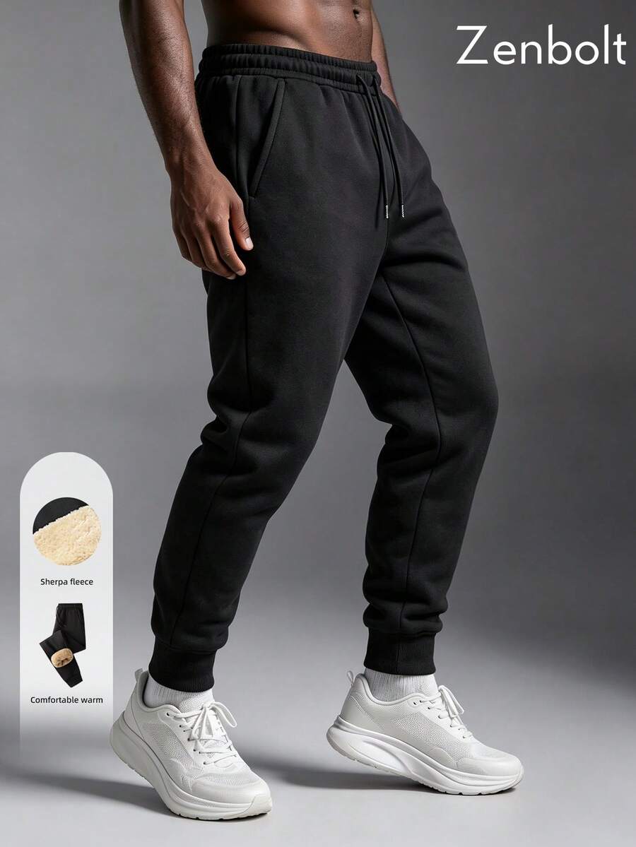 Zenbolt Winter Men's Fleece-Lined Straight-Leg Pants Featuring An Elastic Drawstring Waist; Suitable For Workouts, Lounging At Home, And Casual Wear. - Black - View 1