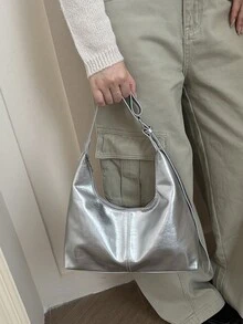 素色復古休閒大容量可折疊單肩包，輕量學生購物托特包 - 銀色 - 查看 4