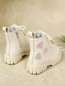 Shu Rui Girls Cute Glitter Heart Decor Boots, Solid Color Minimalist Ankle Boots, Indoor/Outdoor Daily Versatile Casual Boots - Beige - View 5