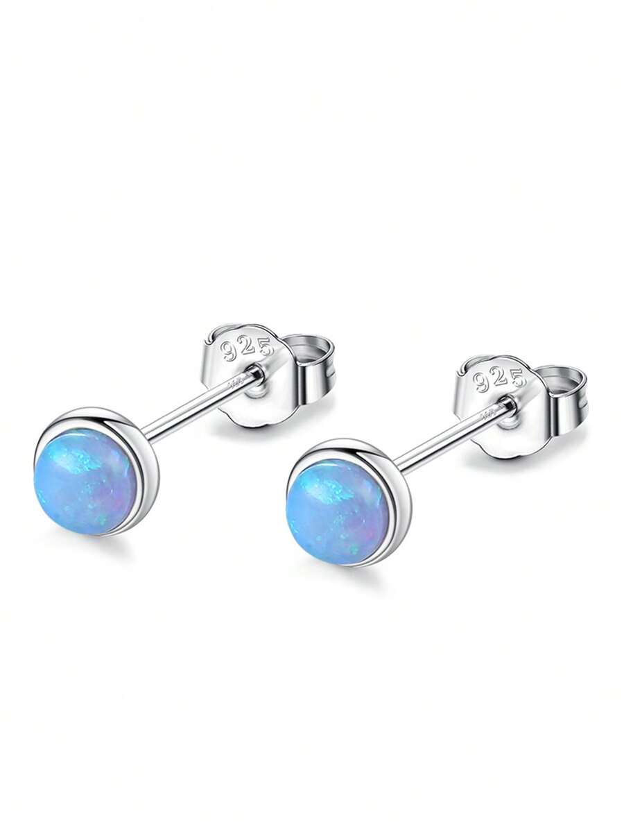 LEKANI 1pc S925 Sterling Silver Round Opal Stud Earrings, Minimalist Mini Bezel-Set Iridescent Stone Earrings, Versatile Daily Commute Accessory For Women - Silver - View 1