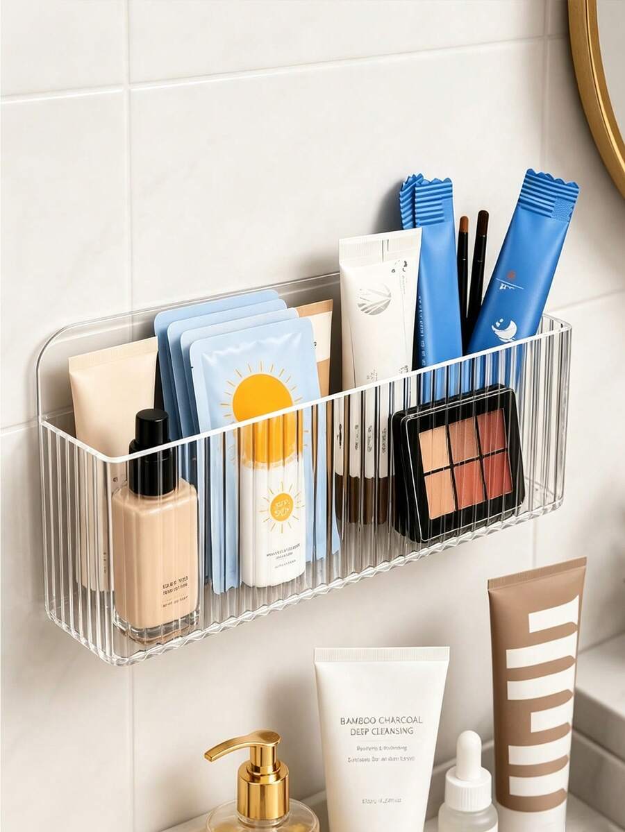 1pc Transparent Wall-Mounted Storage Box, Multi-Functional Organizer For Phone, Remote Control, Glasses, Cosmetics And Skincare Products. Suitable For Bedside, Bedroom, Bathroom, Toilet And Kitchen. Home Storage Essential