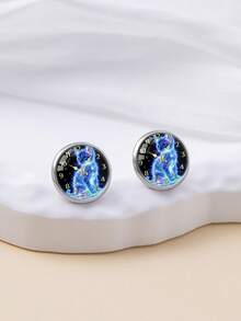 YUJUGLOW 1 Pasang Anting Tusuk Bulat Motif Jam Kucing Lucu dan Menawan dari Baja Tahan Karat 316, Cocok untuk Pemakaian Sehari-hari Wanita - Baby Blue - View 4