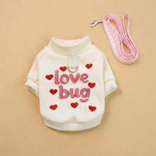 Dog Hoodie Warm Fleece With Leash Ring Heart Print Small Dogs Winter Clothes Gift Pink Leash - White - View 3