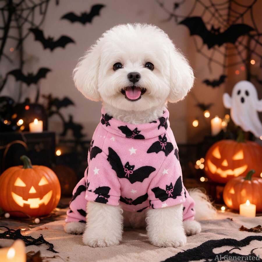 Opjoys 1pc Halloween Bat Print Dog Jumpsuit, Halloween Style Skin-Friendly Knitted Four-Legged Design Round Neck Ribbed Cuff Warm Belly Protection Anti-Shedding Pet Home Wear Spring Autumn Daily - Pink - View 1