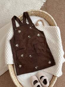 INS Baby Girls Toddler Casual Full Body Embroidered Floral Corduroy Pocket Overall Dress Spring Autumn - Brown - View 9