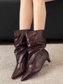 Suede Mid-Heel Square Toe Solid Color Commuter Slimming Chunky Heel Back Zipper Fashion Ankle Boots - Burgundy - View 2