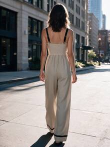 Women Spaghetti Strap Jumpsuit Contrast Trim Straight Leg Romper Casual Outfits For Fall Winter Daily Commuting Going Out Dating - Khaki - View 10