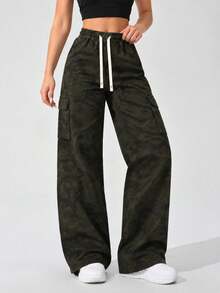 AODSR Women's Camo Cargo Pants Elastic Drawstring Waist Side Flap Pocket Relaxed Straight Leg Casual Streetwear Trousers - Army Green - View 2