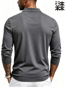 mulinsen Men's Black Long Sleeve Polo Shirt, Spring/Autumn Casual Top With Collar - Grey - View 5