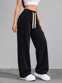 Women's Black Wide Leg Cargo Sweatpants With Elastic Drawstring Waist And Side Pockets, Casual Pants For Everyday Wear - Black - View 6