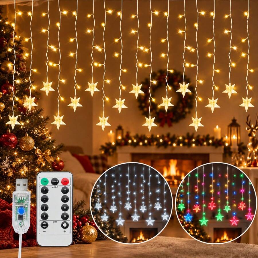 1pc 96 LED Icicle Lights Curtain String Lights Drops Star Pendants 3 Color Modes USB Powered With Remote Control 8 Modes For Home Window Decor Indoor Outdoor Christmas New Year Holiday Party Decoration - Multicolor - View 1
