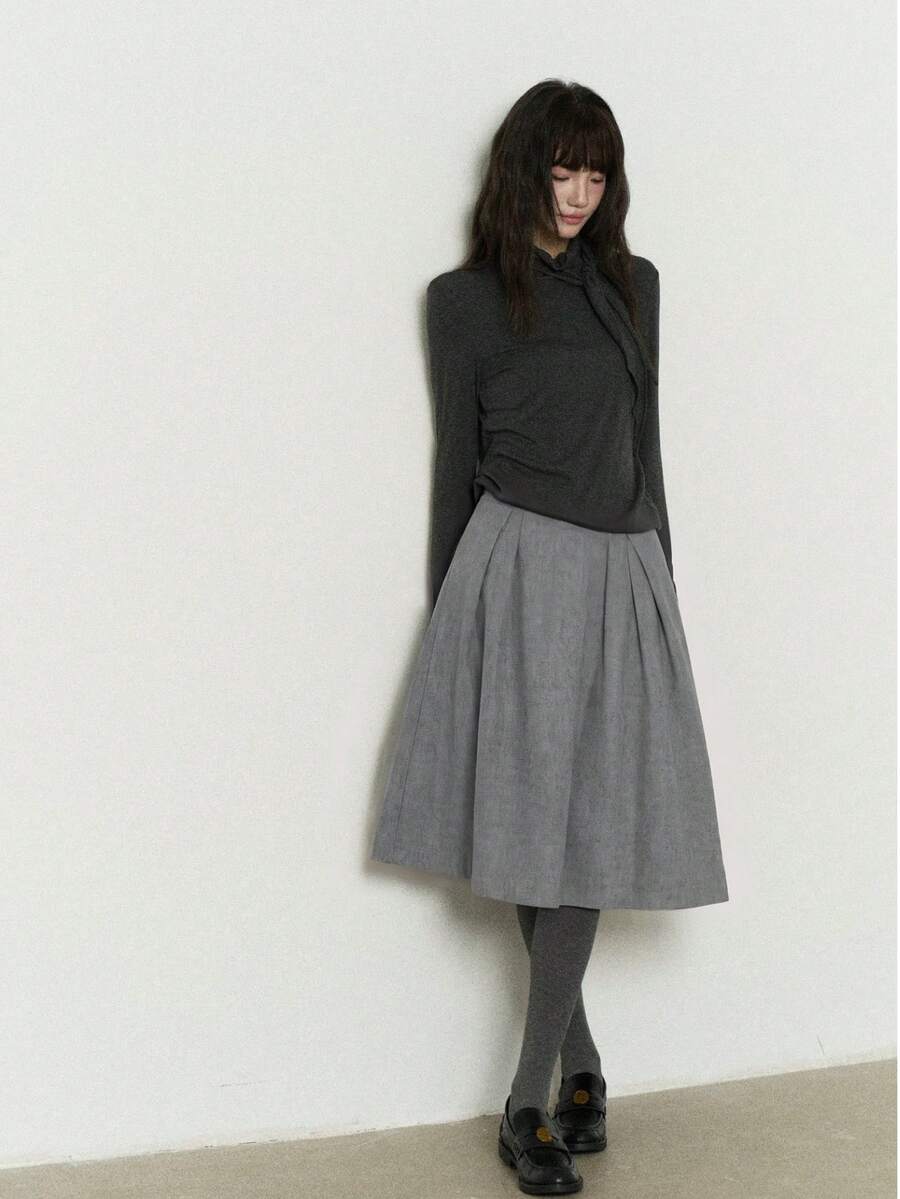 Women's Wool Elastic Waist Grey Fluffy A-Line Skirt, Slimming Autumn/Winter Skirt - Light Grey - View 1