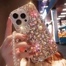 Fashionable Shiny Crystal Rabbit Metal Pearl Carved Phone Case With Crystal Lanyard Anti-Drop Protective Cover Compatible With IPhone And Phones - Multicolor - View 7
