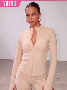 VUTRU 1pc Women's Fitted Zipper Sports Jacket With Pockets, Thumb Holes, Ribbed Cuffs, Running Fitness Yoga Top - Baby Pink - View 1
