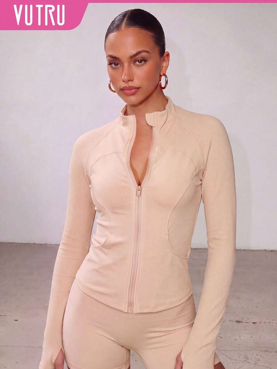 VUTRU 1pc Women's Fitted Zipper Sports Jacket With Pockets, Thumb Holes, Ribbed Cuffs, Running Fitness Yoga Top - Baby Pink - View 1