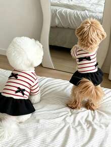 1pc Thickened Derong Short Sleeve Dog & Cat Dress, Simple Striped, Autumn/Winter, For Teddy, Pomeranian, Yorkshire Terrier, Bichon Frise, Pet Clothes - Red and White - View 4