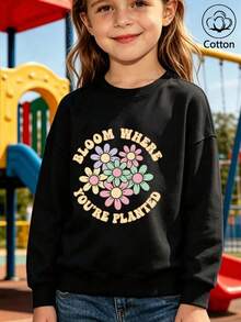 Girls' Cute Printed Drop-Shoulder Round-Neck Long-Sleeve Casual Sports Sweatshirt - Black - View 10