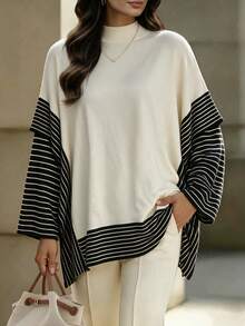 Sweater Rajut Wanita SEREN Baru Kerah Semi Tinggi Motif Patchwork Bergaris, Atasan Lengan Panjang Desain Longgar, Cocok untuk Pemakaian Harian dan Musim Gugur - Hitam dan Putih - View 2