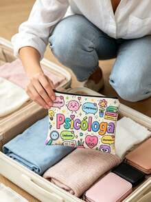 1pc Fun Cartoon Style Psychologist Print Makeup Bag, Pouch With Cute Psychology Theme Icons,Makeup Bag, Small Pouches, Coin Purses, Pencil Cases, Clutches,Multi-Functional Storage Bag, Ideal For Daily Toiletries And Travel - Multicolor - View 5