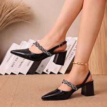 Women's Black Pointed Toe Slingback High Heels, Twisted Rhinestone Decor Strap With Chunky Square Heel, Elegant Evening Dress Pumps - Black - View 4
