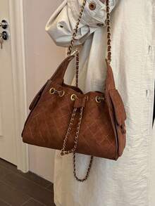 Vintage Motorcycle Style Chain Tote Bag, Metal Chain Shoulder Strap With Round Ring Hole Design, Contrast Stitching Outlining The Bag Body, Multi-Pocket Structure, Ample Storage Space, Suitable For Daily Outings, Creating A Sweet And Cool Vintage Vibe Outfit - Brown - View 3