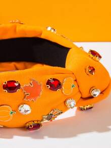 1pc Solid Color Fabric Fashion Women's Headband With Personalized Gem Maple Leaf Turkey Accessory, Versatile Cute Holiday Essential Hair Accessory For Thanksgiving - FG84-orange - View 4