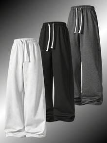 3pcs Men's Loose Fit Casual Curved Leg Sweatpants, Minimalist Solid Color Wide Leg Design, Drawstring Waist, Large Pockets, Suitable For Daily Wear, Walking, Working, Outdoor Activities. Perfect Father's Day Gift For Dad - Multicolor - View 1
