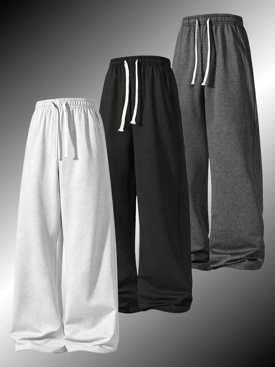 3pcs Men's Loose Fit Casual Curved Leg Sweatpants, Minimalist Solid Color Wide Leg Design, Drawstring Waist, Large Pockets, Suitable For Daily Wear, Walking, Working, Outdoor Activities. Perfect Father's Day Gift For Dad - Multicolor - View 1