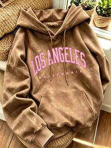 Women's Vintage Acid Wash LOS ANGELES CALIFORNIA Letter Print Drop Shoulder Sweatshirt With Kangaroo Pocket - Mocha Brown - View 1