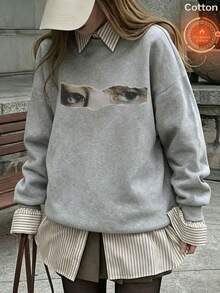Warm Fleece-Lined Grey Oversized Crewneck Women's Graphic Sweatshirt, Long Sleeve Top For Cold Weather,Fashionable Y2K Street Style,Eye Print - Gray - View 9
